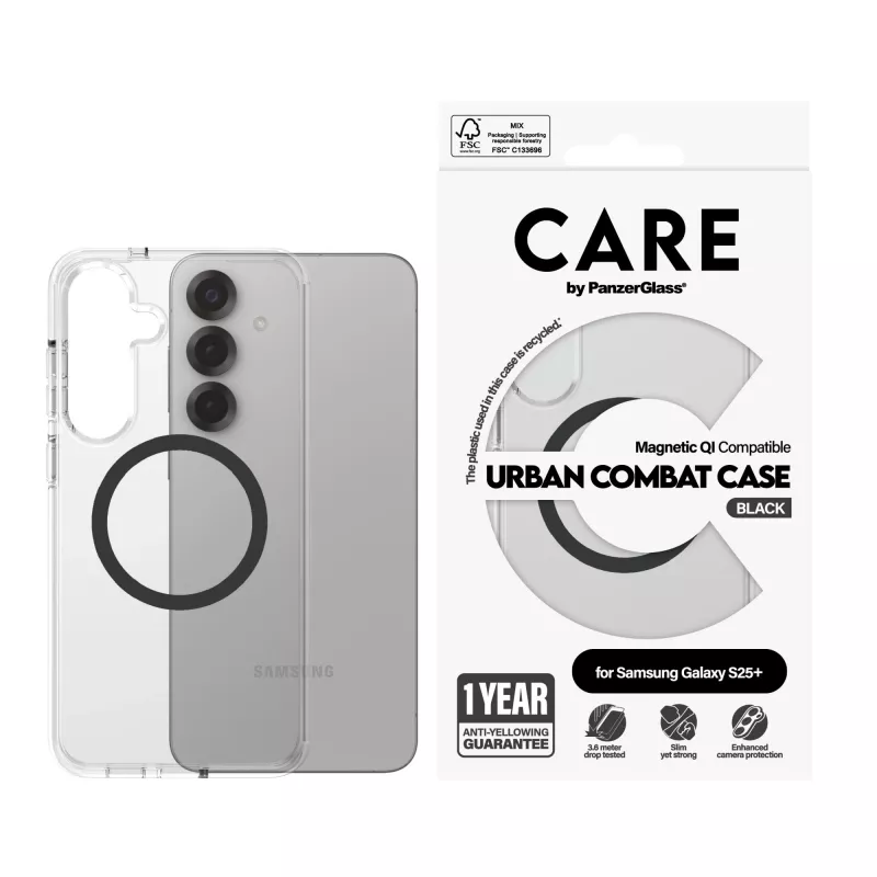 PanzerGlass CARE™ by ® Urban Combat Case läbipaistev musta värvi Qi-ühilduv Samsung Galaxy S25+