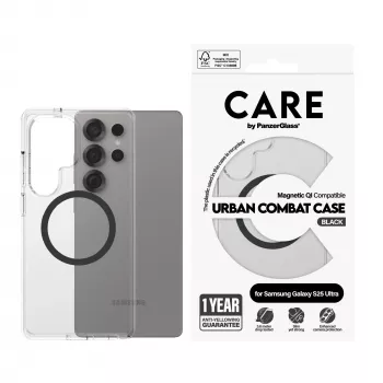 PanzerGlass CARE™ by ® Urban Combat ümbris, läbipaistev, musta Qi-ga, ühilduv, Samsung Galaxy S25 Ultra