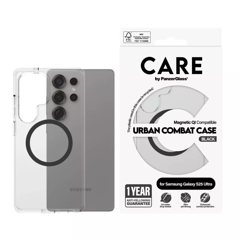 PanzerGlass CARE™ by ® Urban Combat ümbris, läbipaistev, musta Qi-ga, ühilduv, Samsung Galaxy S25 Ultra