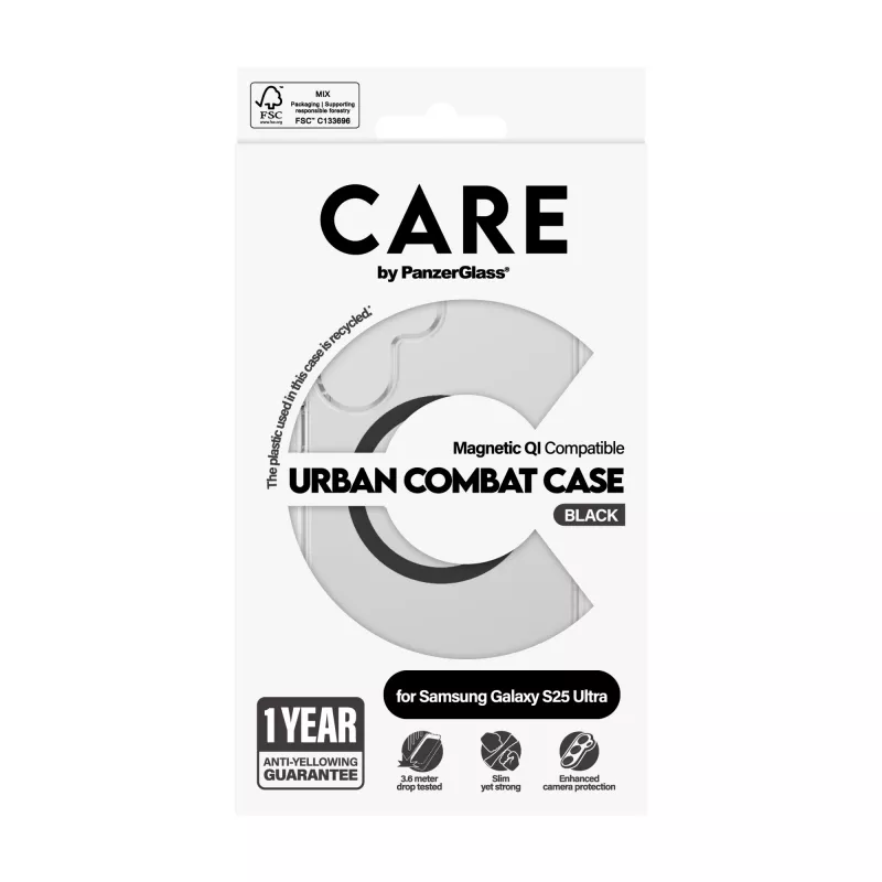 PanzerGlass CARE™ by ® Urban Combat ümbris, läbipaistev, musta Qi-ga, ühilduv, Samsung Galaxy S25 Ultra