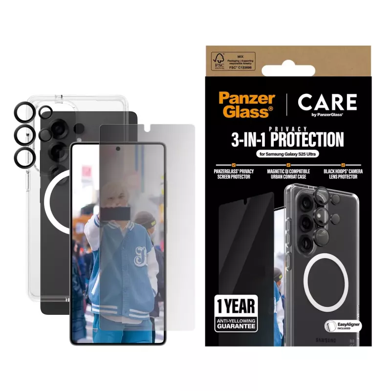 PanzerGlass CARE by ® Flagship 3-in-1 privaatsuskomplekt Samsung Galaxy S25 Ultra kriimustus- ja põrutuskindel