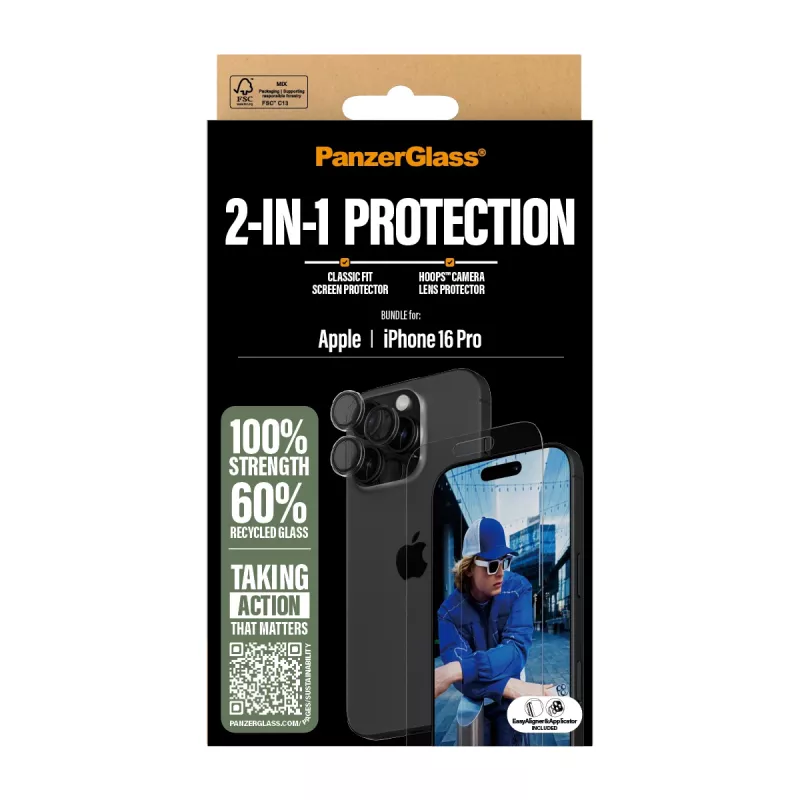 PanzerGlass ® 2-in-1 komplekt iPhone 16 Pro, Apple, Apple - iPhone 16 Pro, Kuiv pealekandmine, Kriimustuskindel, Löögikindel, Läbipaistev, 1 tk