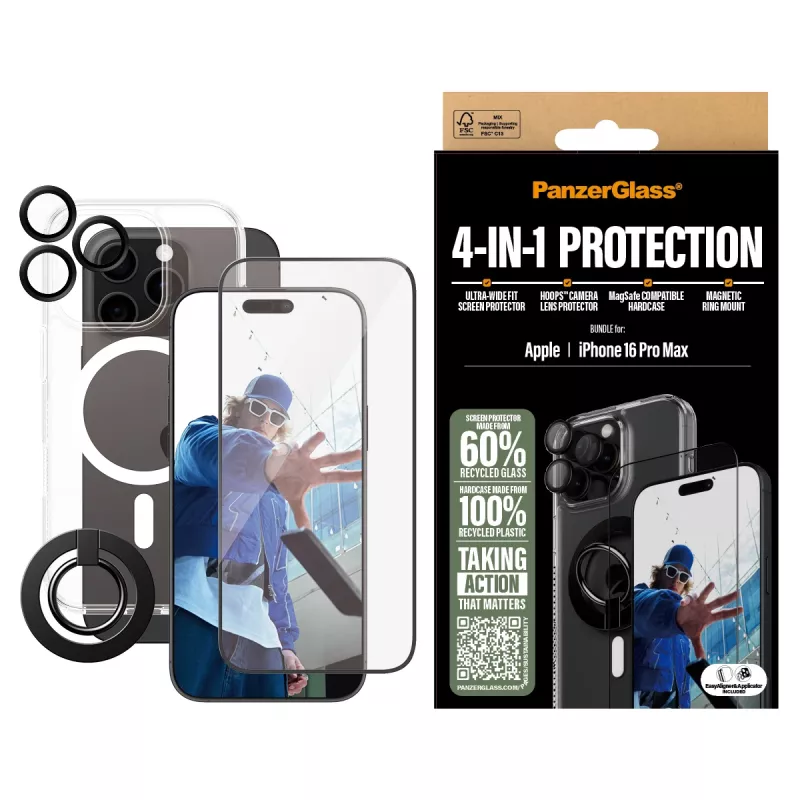PanzerGlass ® 4-in-1 kaitsepakett iPhone 16 Pro Max, Apple, Apple - iPhone 16 Pro Max, kuiva pealekandmine, kriimustuskindel, põrutuskindel, läbipaistev, 1 tk