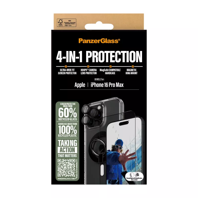 PanzerGlass ® 4-in-1 kaitsepakett iPhone 16 Pro Max, Apple, Apple - iPhone 16 Pro Max, kuiva pealekandmine, kriimustuskindel, põrutuskindel, läbipaistev, 1 tk