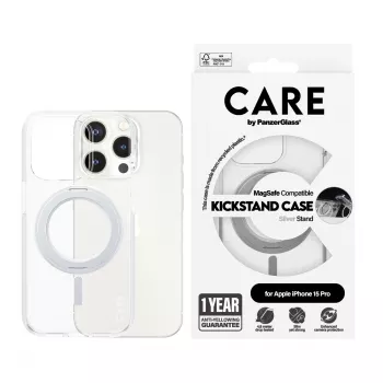 PanzerGlass CARE™ by ® läbipaistev ümbris hõbedase alusega ja MagSafe'iga iPhone 15 Pro jaoks