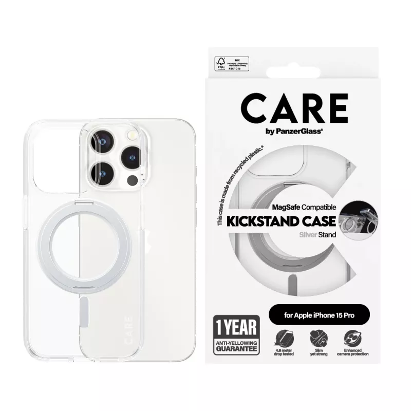 PanzerGlass CARE™ by ® läbipaistev ümbris hõbedase alusega ja MagSafe'iga iPhone 15 Pro jaoks