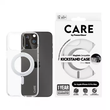 PanzerGlass CARE™ by ® läbipaistev ümbris hõbedase jalaga ja MagSafe'iga iPhone 15 Pro Max