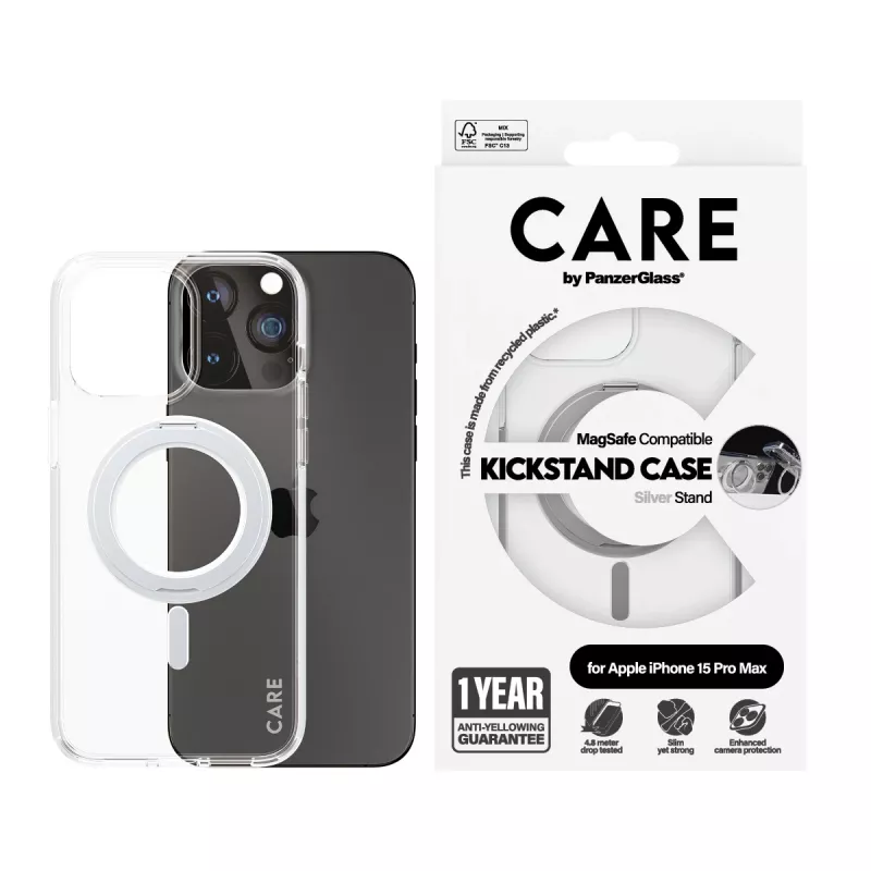 PanzerGlass CARE™ by ® läbipaistev ümbris hõbedase jalaga ja MagSafe'iga iPhone 15 Pro Max