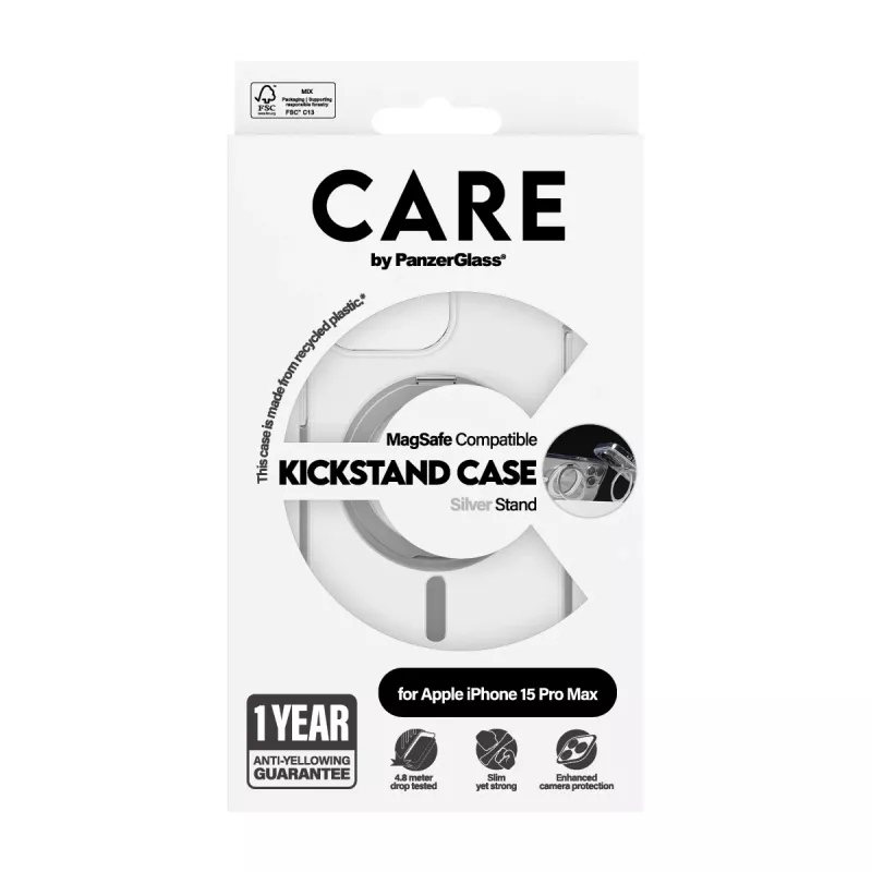 PanzerGlass CARE™ by ® läbipaistev ümbris hõbedase jalaga ja MagSafe'iga iPhone 15 Pro Max