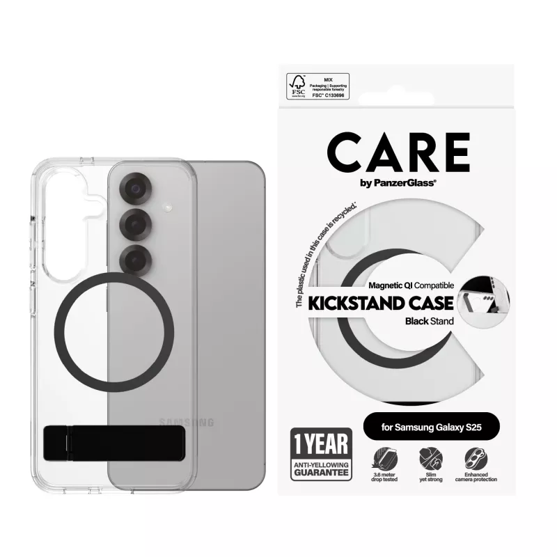 PanzerGlass CARE™ by ® ümbris läbipaistev musta jalaga ja Qi-ühilduv Samsung Galaxy S25