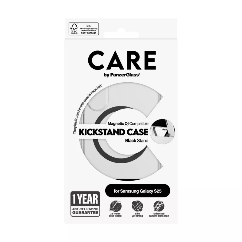 PanzerGlass CARE™ by ® ümbris läbipaistev musta jalaga ja Qi-ühilduv Samsung Galaxy S25