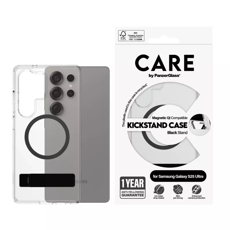“PanzerGlass CARE™” by ”®” ümbris läbipaistev musta toega ja Qi-ühilduv “Samsung Galaxy S25 Ultra”
