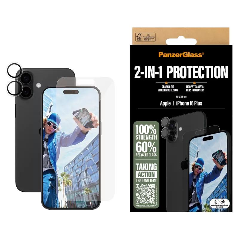 PanzerGlass ® 2-in-1 Bundle iPhone 16 Plus, Apple, Apple - iPhone 16 Plus, Kuiv paigaldus, Kriimustuskindel, Löögikindel, Läbipaistev, 1 tk