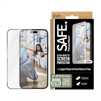 PanzerGlass SAFE. by ® ekraanikaitse musta raamiga iPhone 16 Plus | 15 Plus | Ultra-Wide Fit