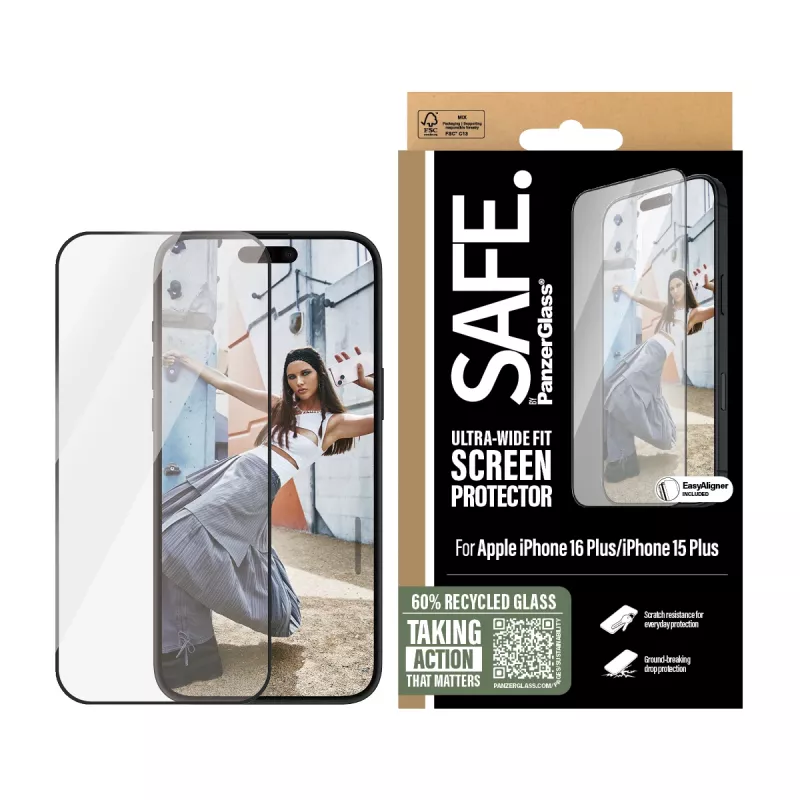PanzerGlass SAFE. by ® ekraanikaitse musta raamiga iPhone 16 Plus | 15 Plus | Ultra-Wide Fit