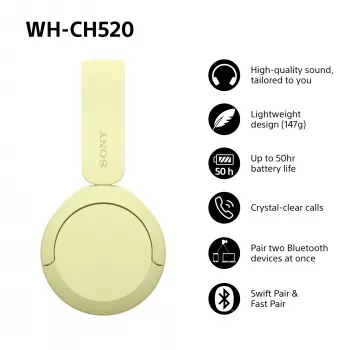 Sony WHCH520Y.CE7, juhtmevaba, kõned/muusika, 20 - 20000 Hz, 147 g, peakomplekt, kollane