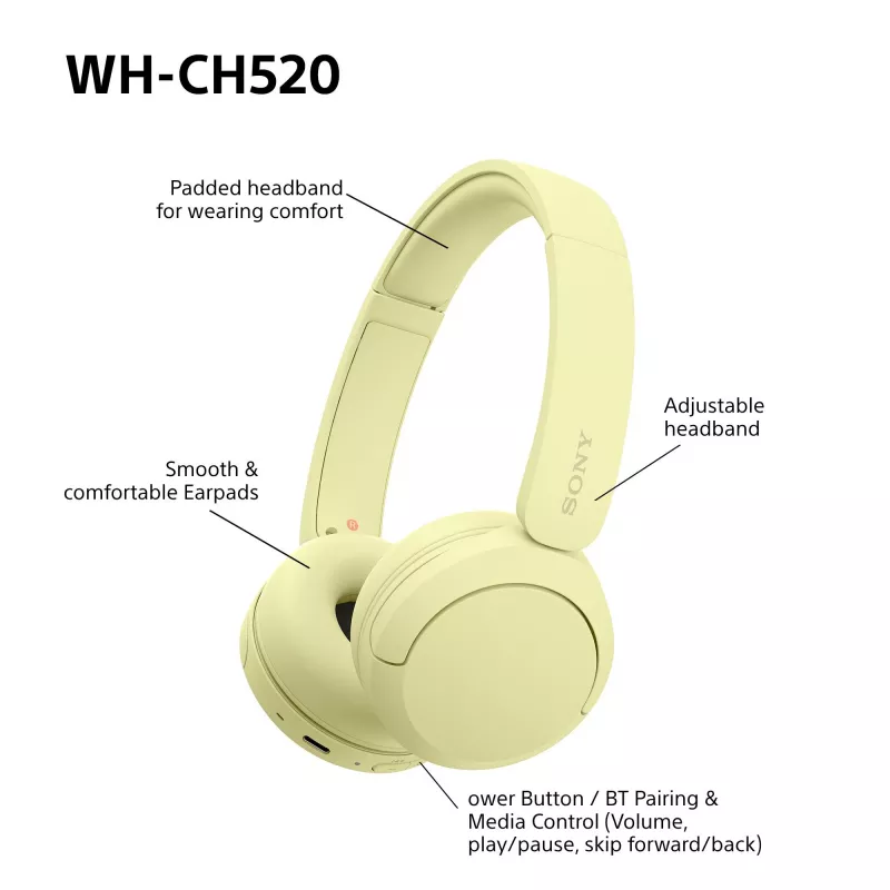 Sony WHCH520Y.CE7, juhtmevaba, kõned/muusika, 20 - 20000 Hz, 147 g, peakomplekt, kollane