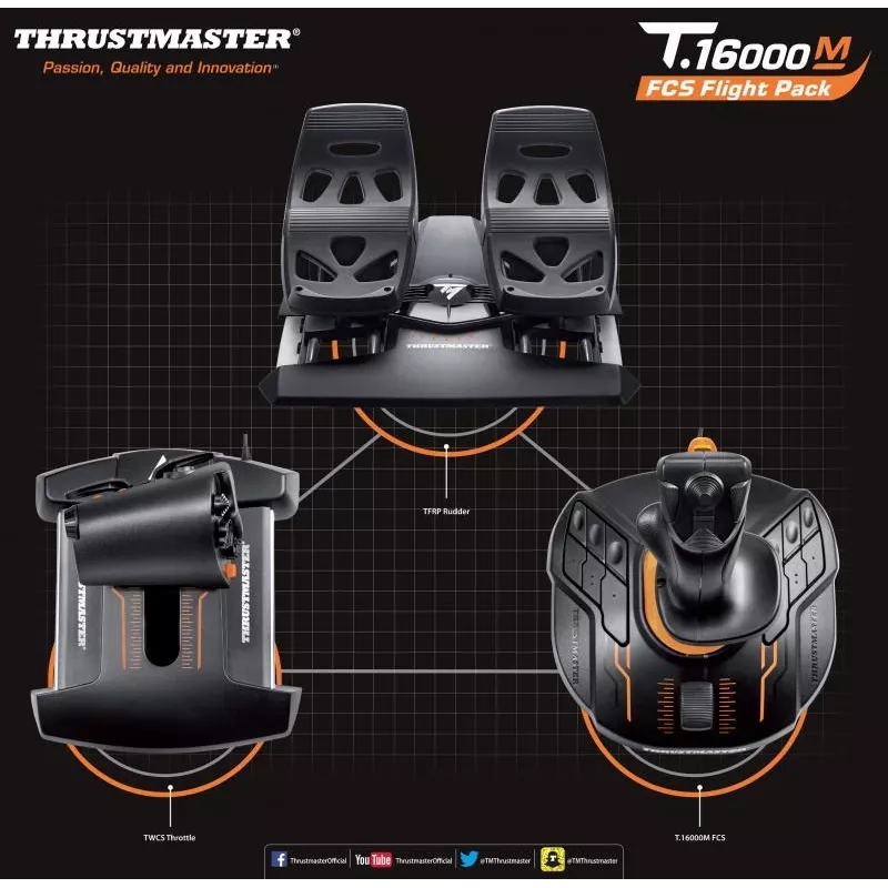 Thrustmaster T-16000M FCS Flight Pack Must USB Juhtkang Analoog-/digitaalne MAC, PC