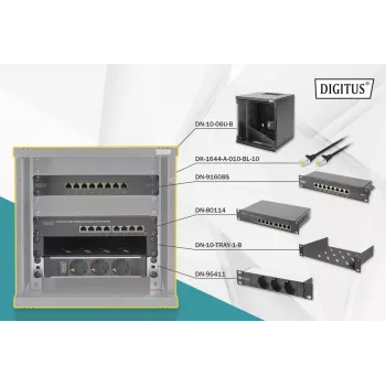 DIGITUS 10in võrgukomplekt - 6U kapp must riiul PDU 8 pordiga kommutaator CAT6 patch-paneel