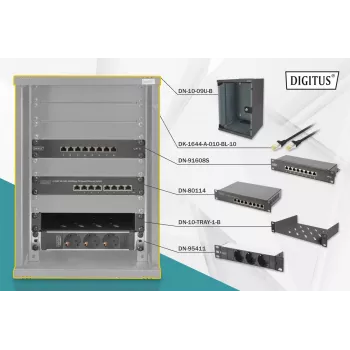 DIGITUS 10in võrk bundle incl. 9U cabinet Must shelf PDU 8-port switch CAT6 patch panel