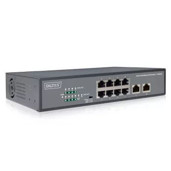 DIGITUS Fast Ethernet PoE af/at 8 pordiga lüliti + 2 üleslinki, 120 W PoE võimsuseelarve, riiulisse paigaldatav