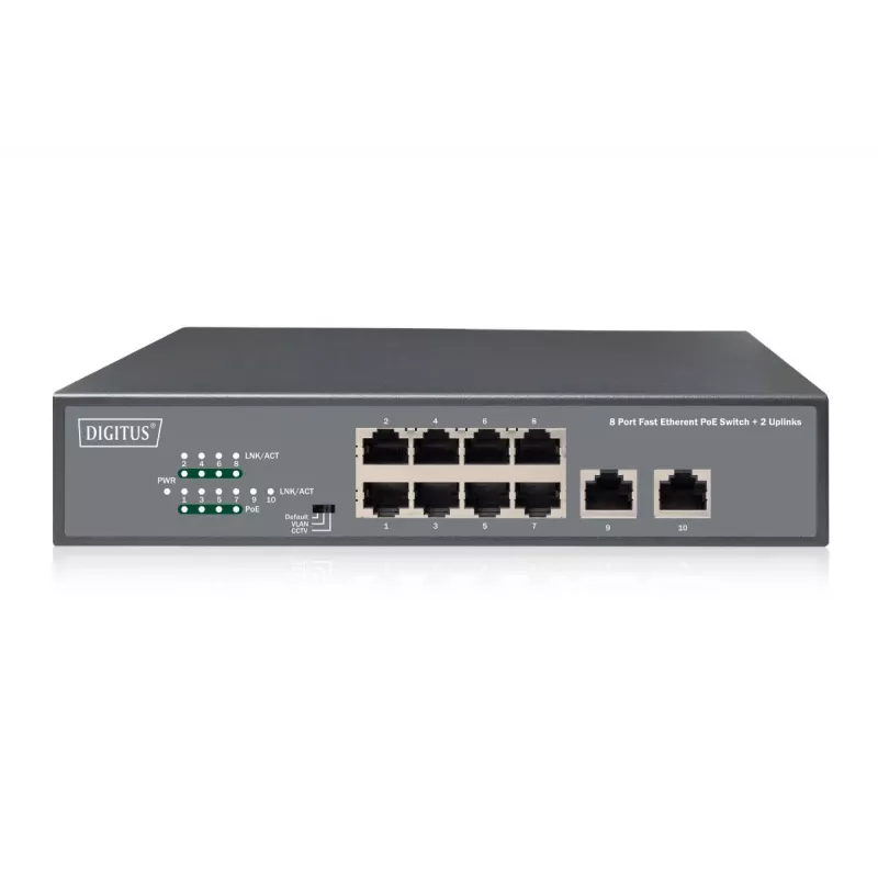 DIGITUS Fast Ethernet PoE af/at 8 pordiga lüliti + 2 üleslinki, 120 W PoE võimsuseelarve, riiulisse paigaldatav