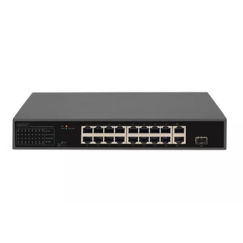 DIGITUS PoE-lüliti 16 porti 10/100 Mbps 16 x10/100Mbps PoE RJ45 porti, 1x GE RJ45, 1x SFP