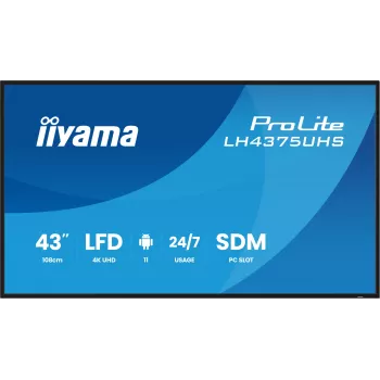 iiyama LH4375UHS-B2AG Signage Display Digitaalne infokuva lameekraan 108 cm (42.5 tolli) LCD Wi-Fi 500 cd/m² 4K Ultra HD Must Sisseehitatud protsessor Android 11 24/7
