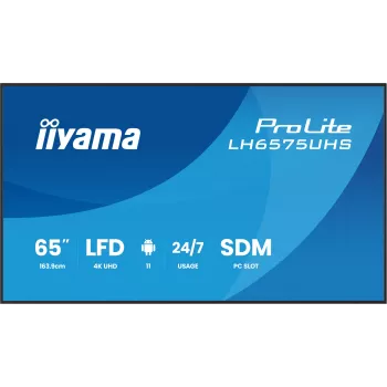 iiyama LH6575UHS-B2AG Signage Display Digitaalne siltide kuva 163.8 cm (64.5 tolli) LCD Wi-Fi 500 cd/m² 4K Ultra HD Must Sisseehitatud protsessor Android 11 24/7