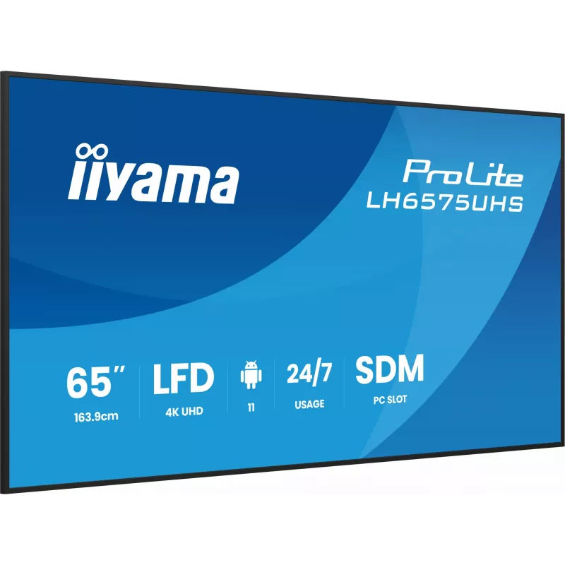 iiyama LH6575UHS-B2AG Signage Display Digitaalne siltide kuva 163.8 cm (64.5 tolli) LCD Wi-Fi 500 cd/m² 4K Ultra HD Must Sisseehitatud protsessor Android 11 24/7