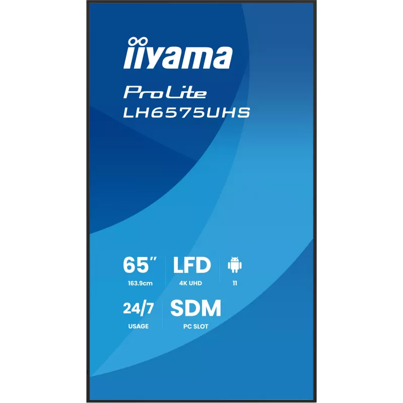 iiyama LH6575UHS-B2AG Signage Display Digitaalne siltide kuva 163.8 cm (64.5 tolli) LCD Wi-Fi 500 cd/m² 4K Ultra HD Must Sisseehitatud protsessor Android 11 24/7