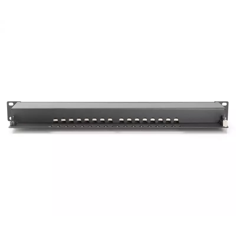 DIGITUS CAT6, E-klassi patch-paneel, varjestatud 16 pordiga RJ45, 8P8C, LSA, 1U, 19 inch rack-kinnitus, must RAL9005/482x44x109