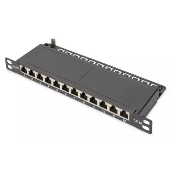 DIGITUS CAT6A patchpaneel, varjestatud, 12-portine 1/2U, 10-tolline rack-kinnitus, must RAL 9005