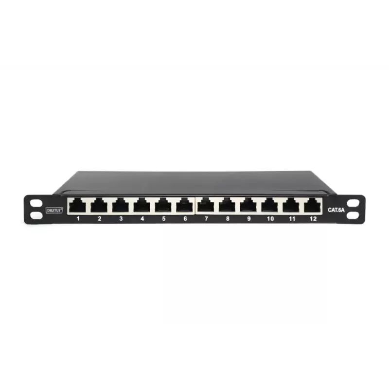 DIGITUS CAT6A patchpaneel, varjestatud, 12-portine 1/2U, 10-tolline rack-kinnitus, must RAL 9005
