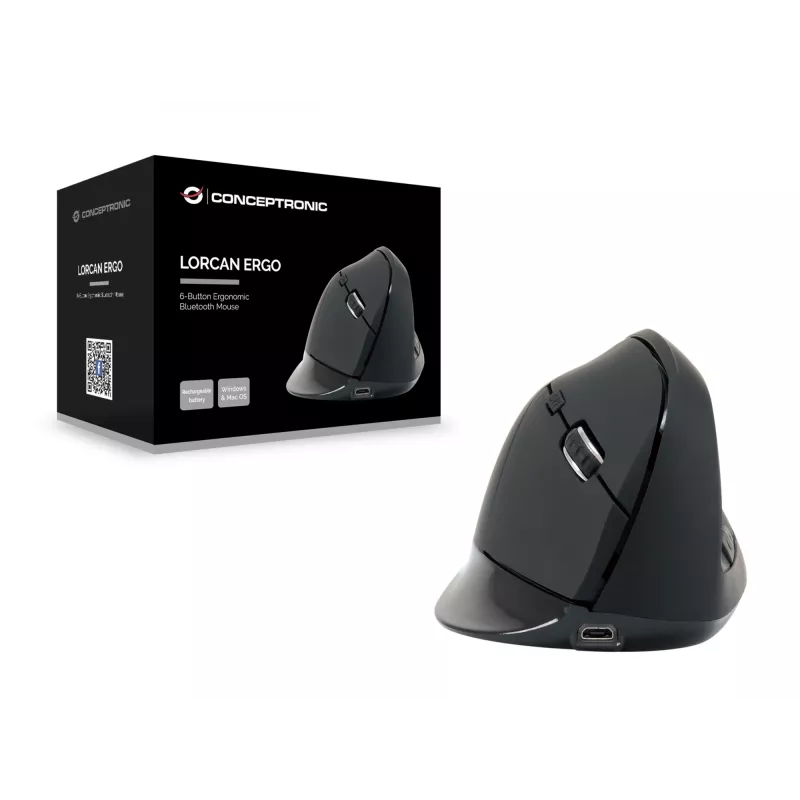 Conceptronic LORCAN ERGO 6-nupuga ergonoomiline Bluetooth-hiir, paremakäeline, vertikaalne disain, optiline, Bluetooth, 1600 DPI, must