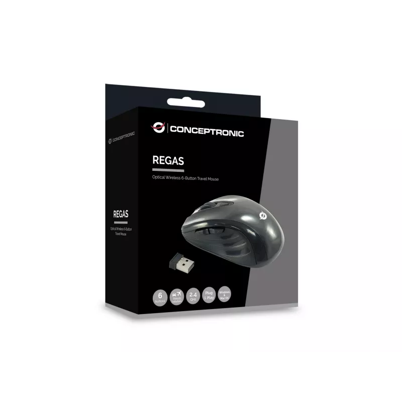 Conceptronic CLLM5BTRVWL 6 nupuga juhtmevaba reisihiir, paremakäeline, optiline, RF-juhtmevaba, 1600 DPI, must