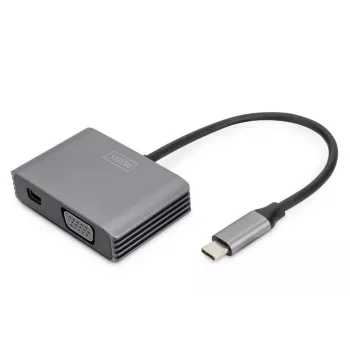 DIGITUS USB-C - mini DP + VGA adapter, 20 cm 4K/30Hz, hõbedane, alumiiniumkorpus