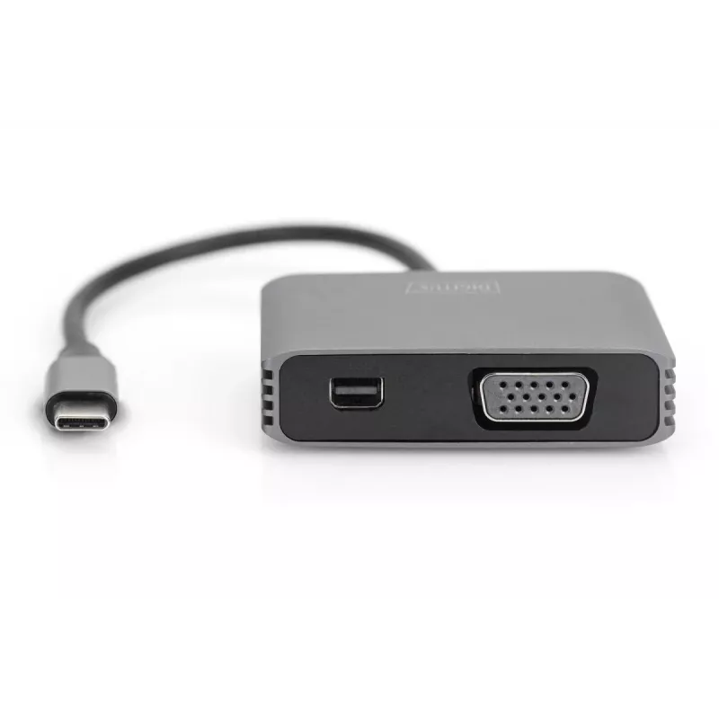 DIGITUS USB-C - mini DP + VGA adapter, 20 cm 4K/30Hz, hõbedane, alumiiniumkorpus
