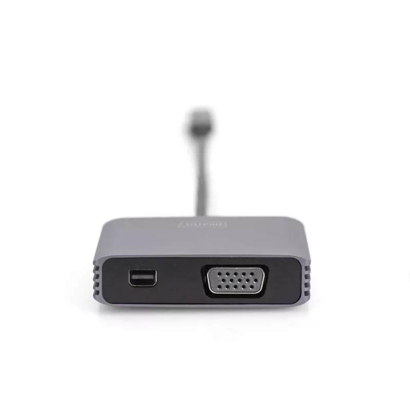 DIGITUS USB-C - mini DP + VGA adapter, 20 cm 4K/30Hz, hõbedane, alumiiniumkorpus