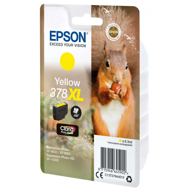 Epson Squirrel üksikpakend kollane 378XL Claria Photo HD tint, kõrge (XL) mahutavus, kollane, pigmendipõhine tint, 9,3 ml, 1 tk, 830 lehekülge