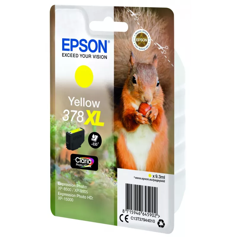 Epson Squirrel üksikpakend kollane 378XL Claria Photo HD tint, kõrge (XL) mahutavus, kollane, pigmendipõhine tint, 9,3 ml, 1 tk, 830 lehekülge