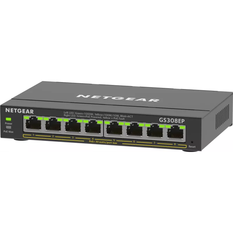 NETGEAR 8-pordine Gigabit Ethernet PoE+ Plus lüliti (GS308EP) hallatav L2/L3 Gigabit Ethernet (10/100/1000) Power over Ethernet (PoE) must