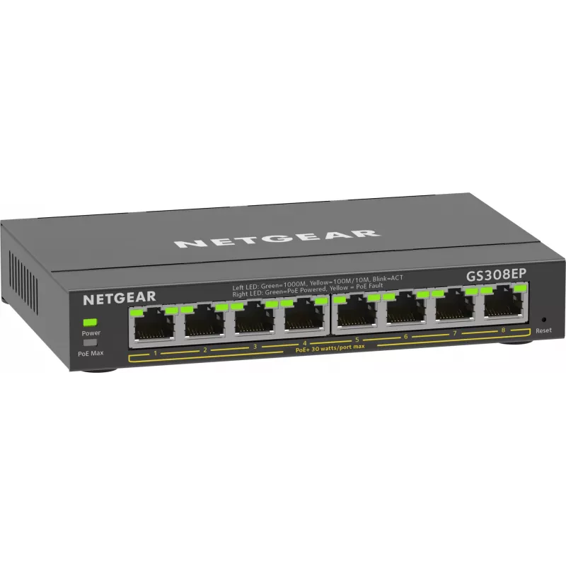 NETGEAR 8-pordine Gigabit Ethernet PoE+ Plus lüliti (GS308EP) hallatav L2/L3 Gigabit Ethernet (10/100/1000) Power over Ethernet (PoE) must