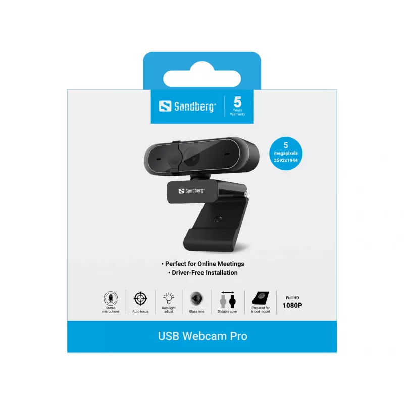 Sandberg USB Webcam Pro, 5 MP, 2592 x 1944 pikslit, Full HD, 30 kaadrit/s, 1920x1080@30 kaadrit/s, 2595x1944@30 kaadrit/s, 1080p