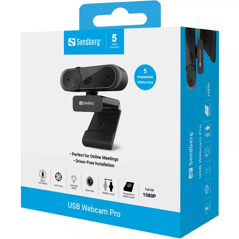 Sandberg USB Webcam Pro, 5 MP, 2592 x 1944 pikslit, Full HD, 30 kaadrit/s, 1920x1080@30 kaadrit/s, 2595x1944@30 kaadrit/s, 1080p