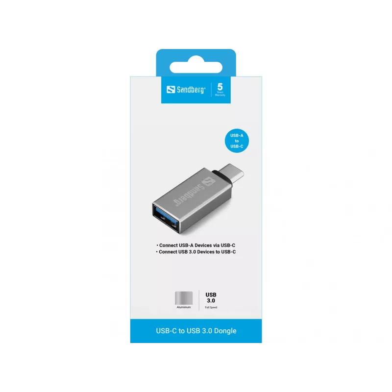 Sandberg USB-C USB 3.0 dongel, USB 3.2 Gen 1 (3.1 Gen 1) USB-C, USB 3.2 Gen 1 (3.1 Gen 1) Type-A, hõbedane, alumiinium, 5 g, 80 mm