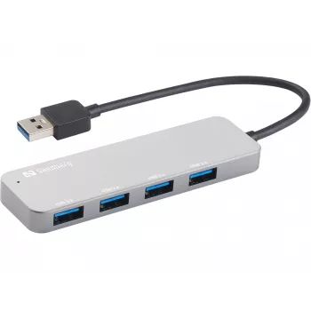 Sandberg USB 3.0 Hub 4 ports SAVER, USB 3.2 Gen 1 (3.1 Gen 1) Type-A, USB 3.2 Gen 1 (3.1 Gen 1) Type-A, 5000 Mbit/s, Hõbedane, Alumiinium, 40 g