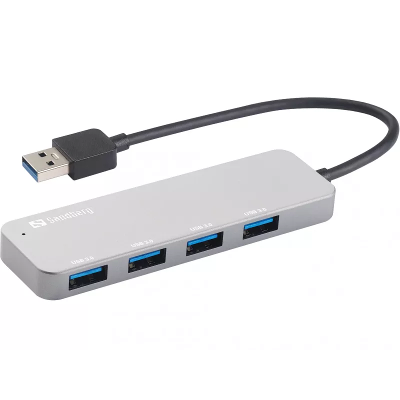 Sandberg USB 3.0 Hub 4 ports SAVER, USB 3.2 Gen 1 (3.1 Gen 1) Type-A, USB 3.2 Gen 1 (3.1 Gen 1) Type-A, 5000 Mbit/s, Hõbedane, Alumiinium, 40 g
