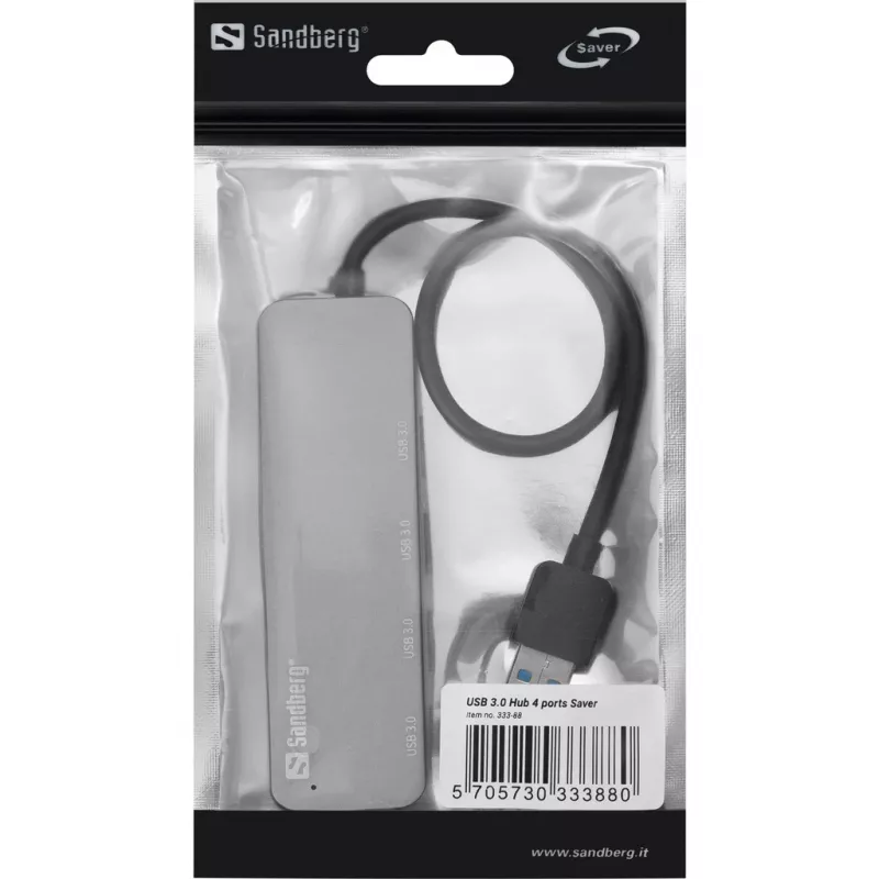 Sandberg USB 3.0 Hub 4 ports SAVER, USB 3.2 Gen 1 (3.1 Gen 1) Type-A, USB 3.2 Gen 1 (3.1 Gen 1) Type-A, 5000 Mbit/s, Hõbedane, Alumiinium, 40 g