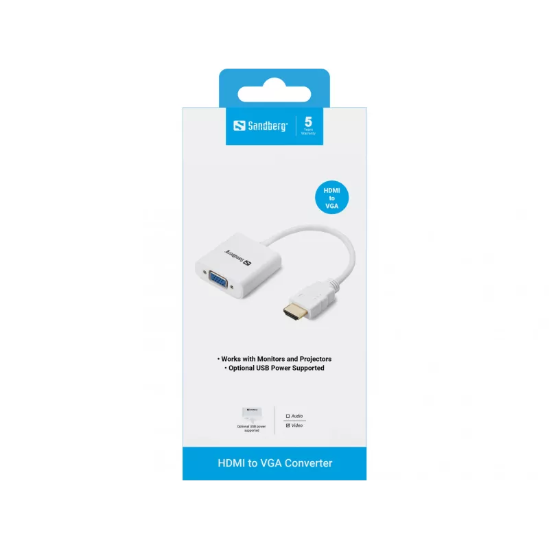 Sandberg HDMI-VGA-muundur, VGA (D-Sub), HDMI tüüp A (standard), isane, emane, valge, RoHS